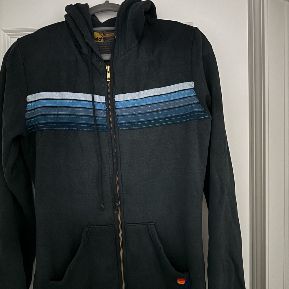 Aviator Nation Blue and Gray Hoodie with Gradient Stripes